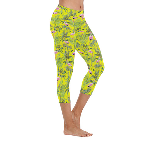 Paradise Plants and Flamingos Pattern Women's Low Rise Capri Leggings (Invisible Stitch) (Model L08)