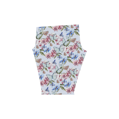 Watercolor Flowers Butterflies Pattern blue red Women's Low Rise Capri Leggings (Invisible Stitch) (Model L08)