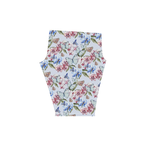 Watercolor Flowers Butterflies Pattern blue red Women's Low Rise Capri Leggings (Invisible Stitch) (Model L08)