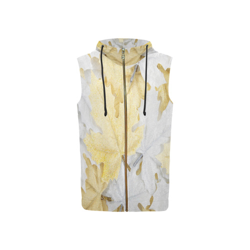 Gold And White Leaves All Over Print Sleeveless Zip Up Hoodie for Women (Model H16)