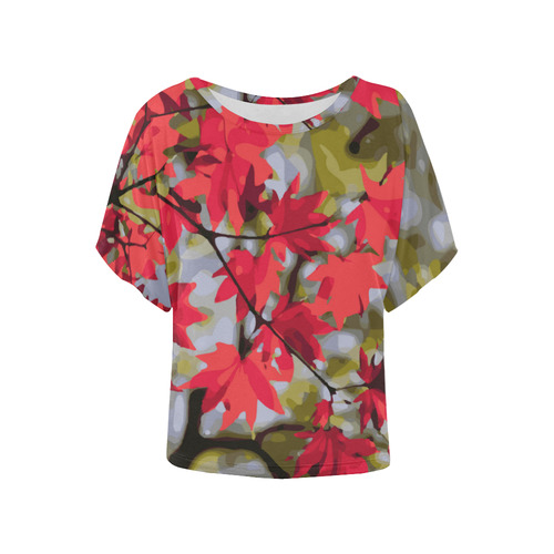Red Autumn Maple Leaves Landscape Women's Batwing-Sleeved Blouse T shirt (Model T44)