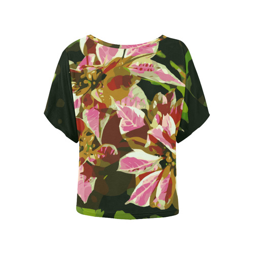 Red Pink Christmas Poinsettia Floral Women's Batwing-Sleeved Blouse T shirt (Model T44)