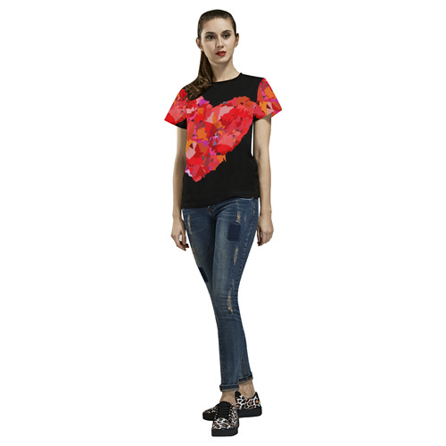 Red Love Heart Geometric Triangles All Over Print T-Shirt for Women (USA Size) (Model T40)