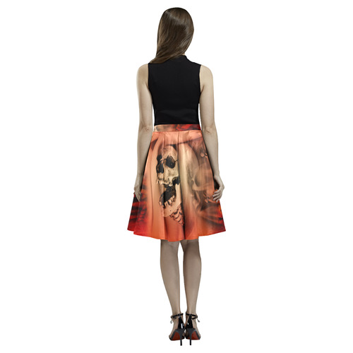 Creepy skulls on red background Melete Pleated Midi Skirt (Model D15)