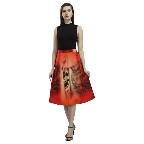 Creepy skulls on red background Aoede Crepe Skirt (Model D16)