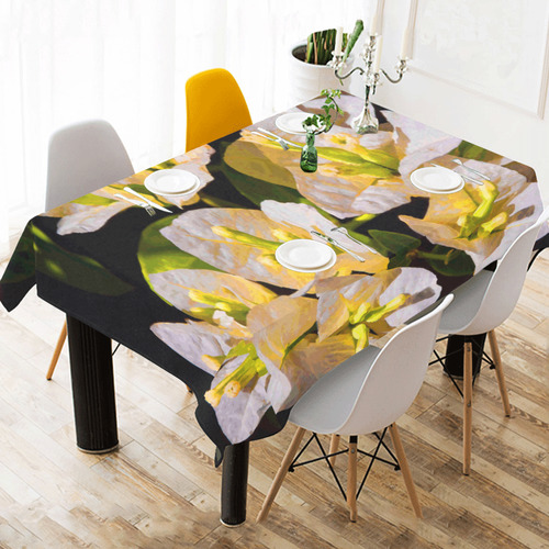 White Bougainvillea Gold Light Floral Cotton Linen Tablecloth 60" x 90"
