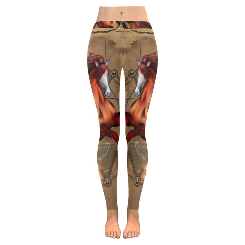 Wonderful horse with skull, red colors Women's Low Rise Leggings (Invisible Stitch) (Model L05)