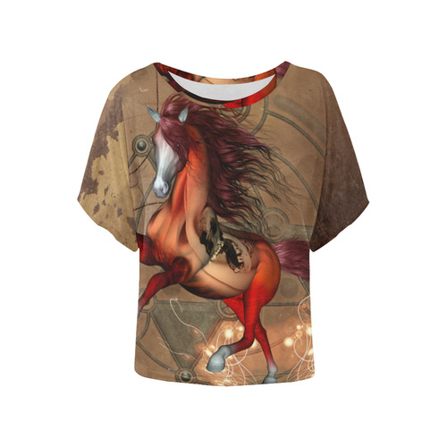 Wonderful horse with skull, red colors Women's Batwing-Sleeved Blouse T shirt (Model T44)