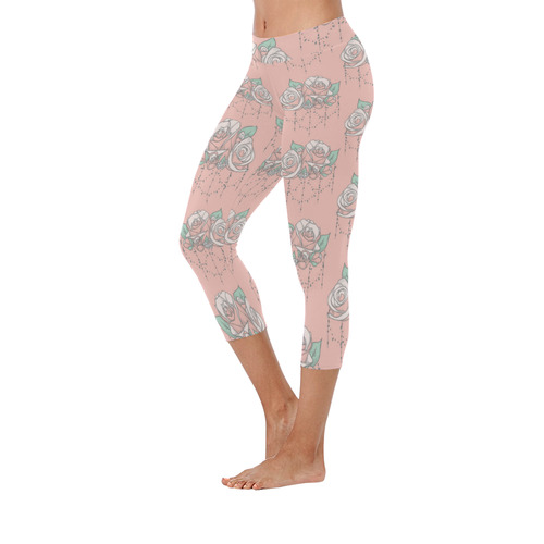 Roses And Pearls - salmon color Women's Low Rise Capri Leggings (Invisible Stitch) (Model L08)