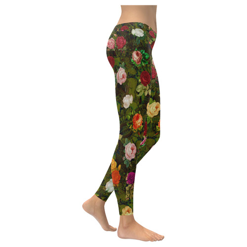 Vintage Wallpaper - Colored Roses Pattern I Women's Low Rise Leggings (Invisible Stitch) (Model L05)