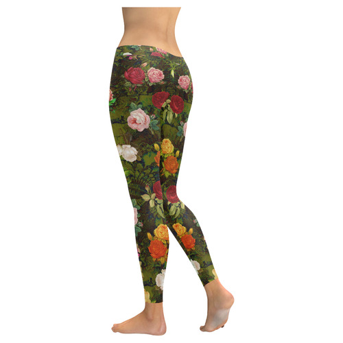 Vintage Wallpaper - Colored Roses Pattern I Women's Low Rise Leggings (Invisible Stitch) (Model L05)