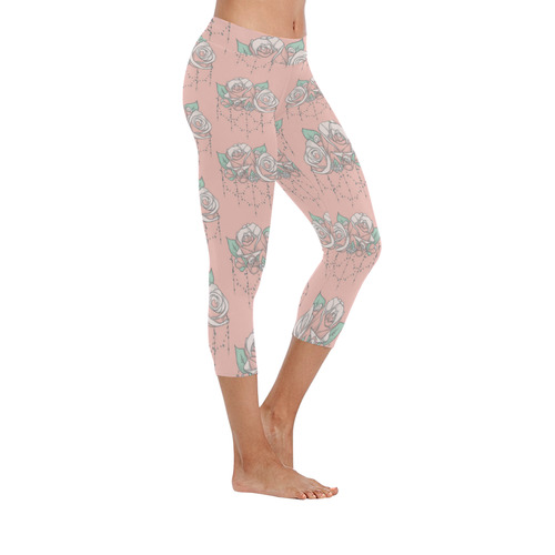 Roses And Pearls - salmon color Women's Low Rise Capri Leggings (Invisible Stitch) (Model L08)