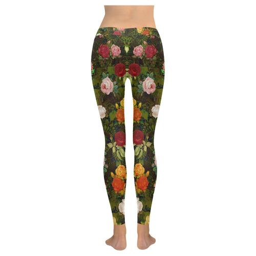 Vintage Wallpaper - Colored Roses Pattern I Women's Low Rise Leggings (Invisible Stitch) (Model L05)