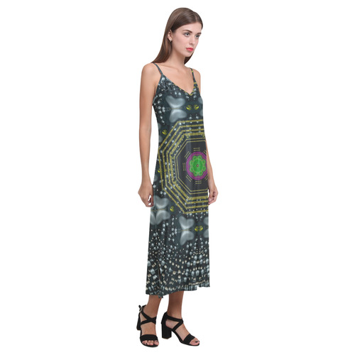 Leaf earth and heart butterflies in the universe V-Neck Open Fork Long Dress(Model D18)