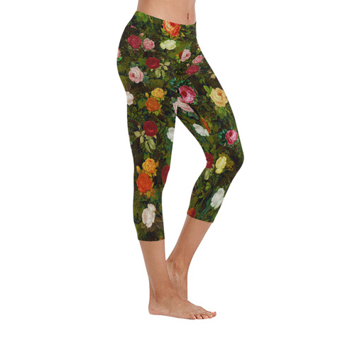 Vintage Wallpaper - Colored Roses Pattern I Women's Low Rise Capri Leggings (Invisible Stitch) (Model L08)