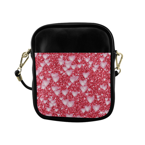 Hearts on Sparkling glitter print, red Sling Bag (Model 1627)
