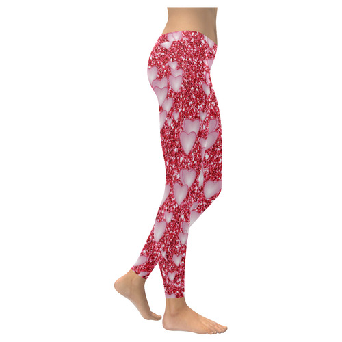 Hearts on Sparkling glitter print, red Women's Low Rise Leggings (Invisible Stitch) (Model L05)