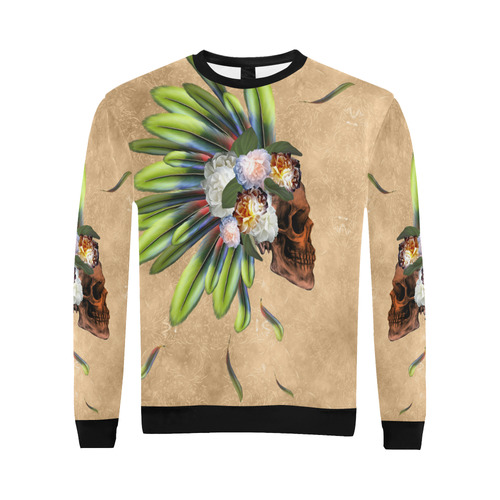 Amazing skull with feathers and flowers All Over Print Crewneck Sweatshirt for Men (Model H18)