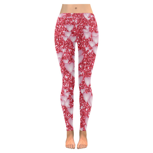 Hearts on Sparkling glitter print, red Women's Low Rise Leggings (Invisible Stitch) (Model L05)