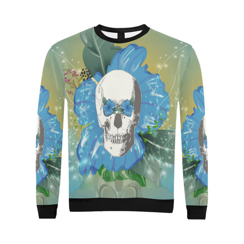 Funny skull with blue flowers All Over Print Crewneck Sweatshirt for Men (Model H18)