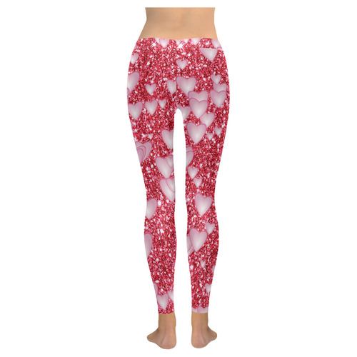 Hearts on Sparkling glitter print, red Women's Low Rise Leggings (Invisible Stitch) (Model L05)