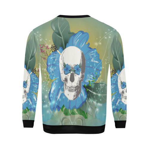Funny skull with blue flowers All Over Print Crewneck Sweatshirt for Men (Model H18)