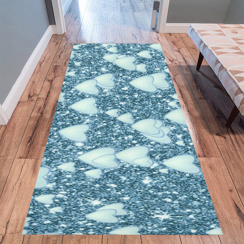 Hearts on Sparkling glitter print, teal Area Rug 9'6''x3'3''