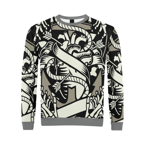 Heart And Anchor Dark Grey All Over Print Crewneck Sweatshirt for Men (Model H18)