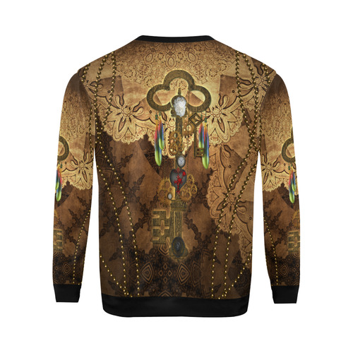 Steampunk, key with clocks, gears and feathers All Over Print Crewneck Sweatshirt for Men (Model H18)