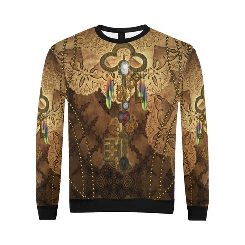 Steampunk, key with clocks, gears and feathers All Over Print Crewneck Sweatshirt for Men (Model H18)