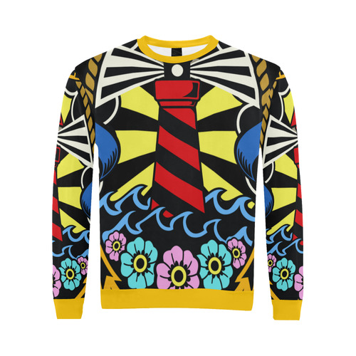 Lighthouse Modern Yellow All Over Print Crewneck Sweatshirt for Men (Model H18)