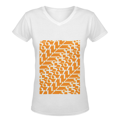 NUMBERS Collection Women 1234567 V-neck(Long)wht/org Women's Deep V-neck T-shirt (Model T19)