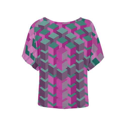 Pink & Green Cubes Geometric Abstract Women's Batwing-Sleeved Blouse T shirt (Model T44)