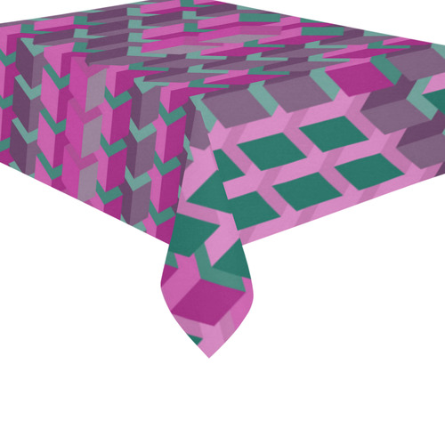 Pink & Green Cubes Geometric Abstract Cotton Linen Tablecloth 60"x 84"