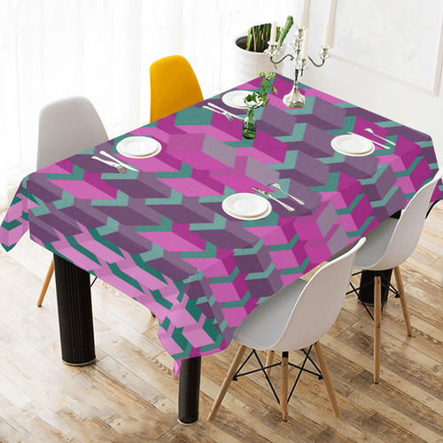 Pink & Green Cubes Geometric Abstract Cotton Linen Tablecloth 60" x 90"