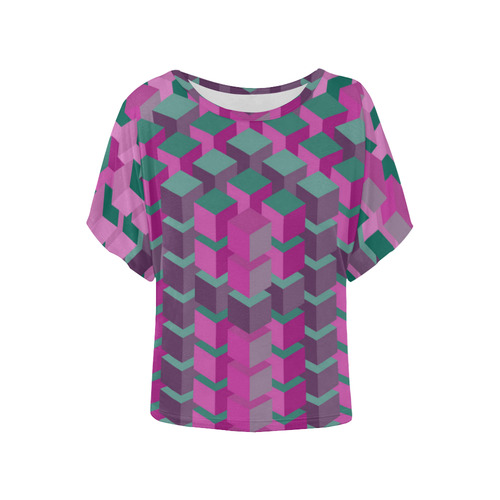 Pink & Green Cubes Geometric Abstract Women's Batwing-Sleeved Blouse T shirt (Model T44)