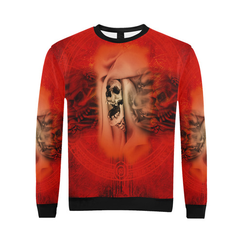 Creepy skulls on red background All Over Print Crewneck Sweatshirt for Men/Large (Model H18)