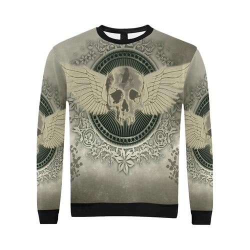 Skull with wings and roses on vintage background All Over Print Crewneck Sweatshirt for Men/Large (Model H18)