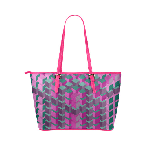 Pink & Green Cubes Geometric Abstract Leather Tote Bag/Small (Model 1651)