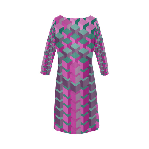 Pink & Green Cubes Geometric Abstract Round Collar Dress (D22)