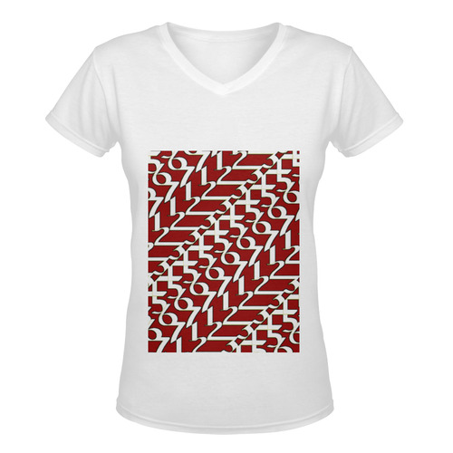 NUMBERS Collection Women 1234567 V-neck(Long)wht/red Women's Deep V-neck T-shirt (Model T19)