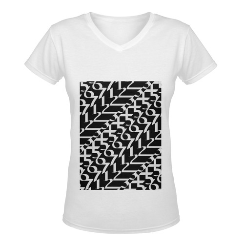 NUMBERS Collection Women 1234567 V-neck(Long)wht/blk Women's Deep V-neck T-shirt (Model T19)