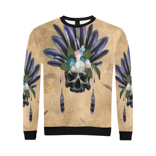 Cool skull with feathers and flowers All Over Print Crewneck Sweatshirt for Men/Large (Model H18)