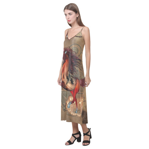 Wonderful horse with skull, red colors V-Neck Open Fork Long Dress(Model D18)