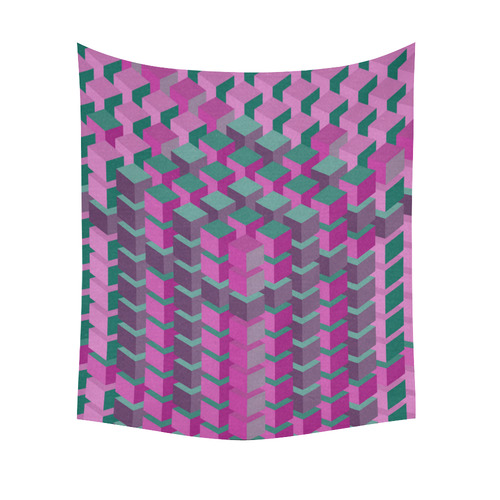 Pink & Green Cubes Geometric Abstract Cotton Linen Wall Tapestry 51"x 60"