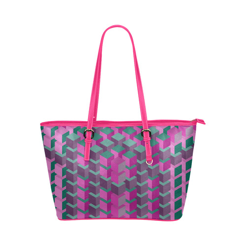 Pink & Green Cubes Geometric Abstract Leather Tote Bag/Small (Model 1651)