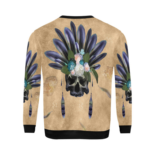 Cool skull with feathers and flowers All Over Print Crewneck Sweatshirt for Men/Large (Model H18)