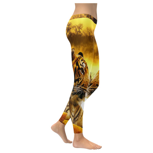 Tiger and Sunset Women's Low Rise Leggings (Invisible Stitch) (Model L05)