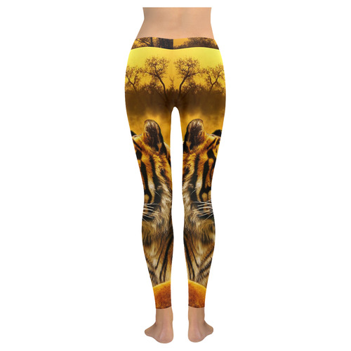 Tiger and Sunset Women's Low Rise Leggings (Invisible Stitch) (Model L05)