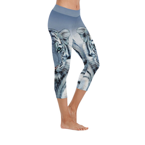 Blue White Tiger Women's Low Rise Capri Leggings (Invisible Stitch) (Model L08)